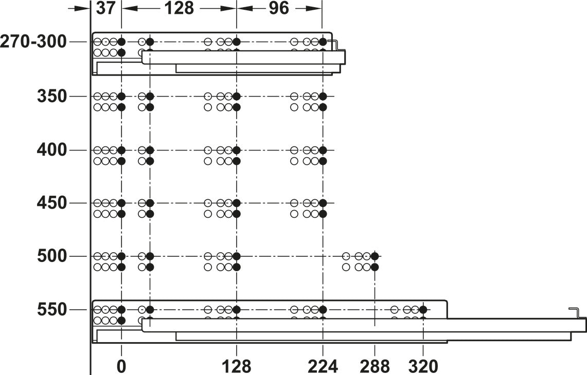 GUIDA CON MONTAGGIO INVISIBILE, HÄFELE MATRIX RUNNER UM A 30, USCITA TOTALE, PORTATA FINO A 30 KG, SCORRIMENTO SINCRONIZZATO 500 MM