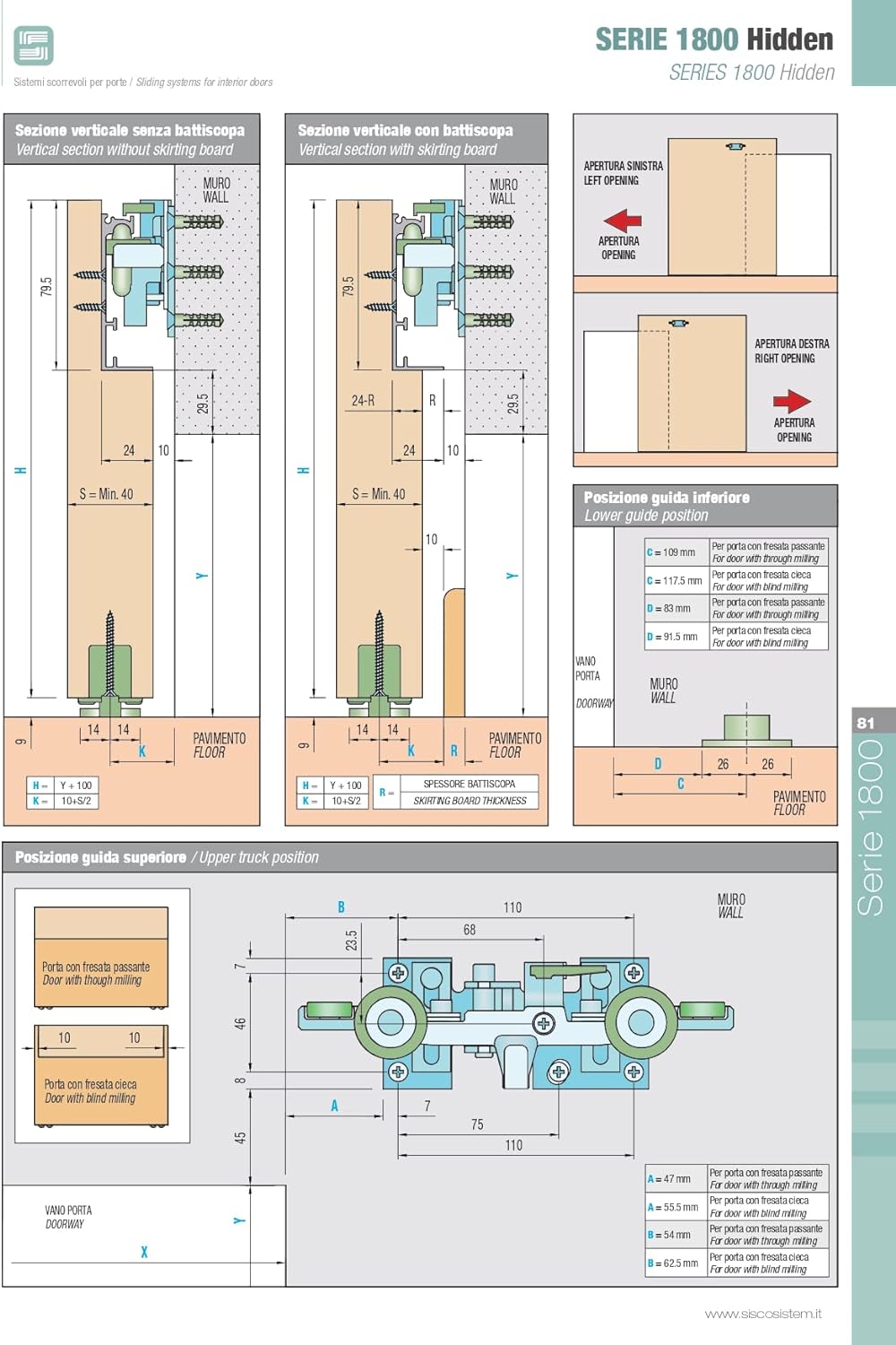 KIT SCORREVOLE PER PORTE BINARIO INVISIBILE SERIE HIDDEN 1800-1150 PORTATA FINO A 80 KG